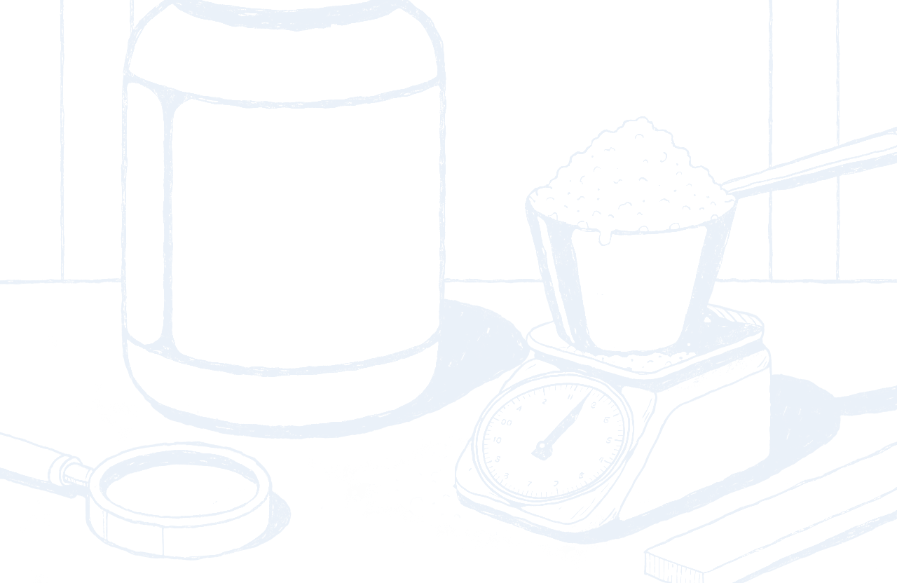 Illustration: a supplement tub, a scoop of powder on a weighing scale, a magnifying glass and a ruler